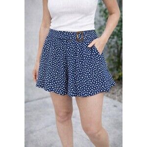 Moon River Blue Polka Dot Belted Shorts Flowy High Waist Size L NWT